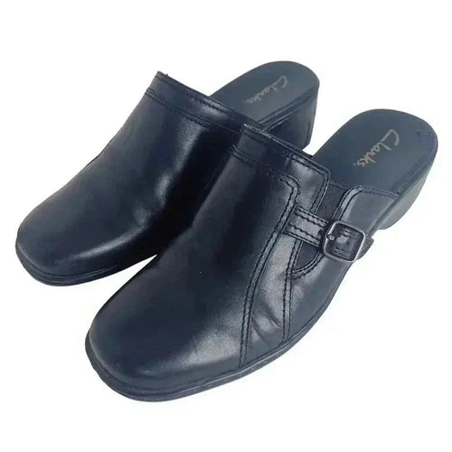 Clarks Black Leather Heeled Mules Clogs Silver Buckle Women's Size 9