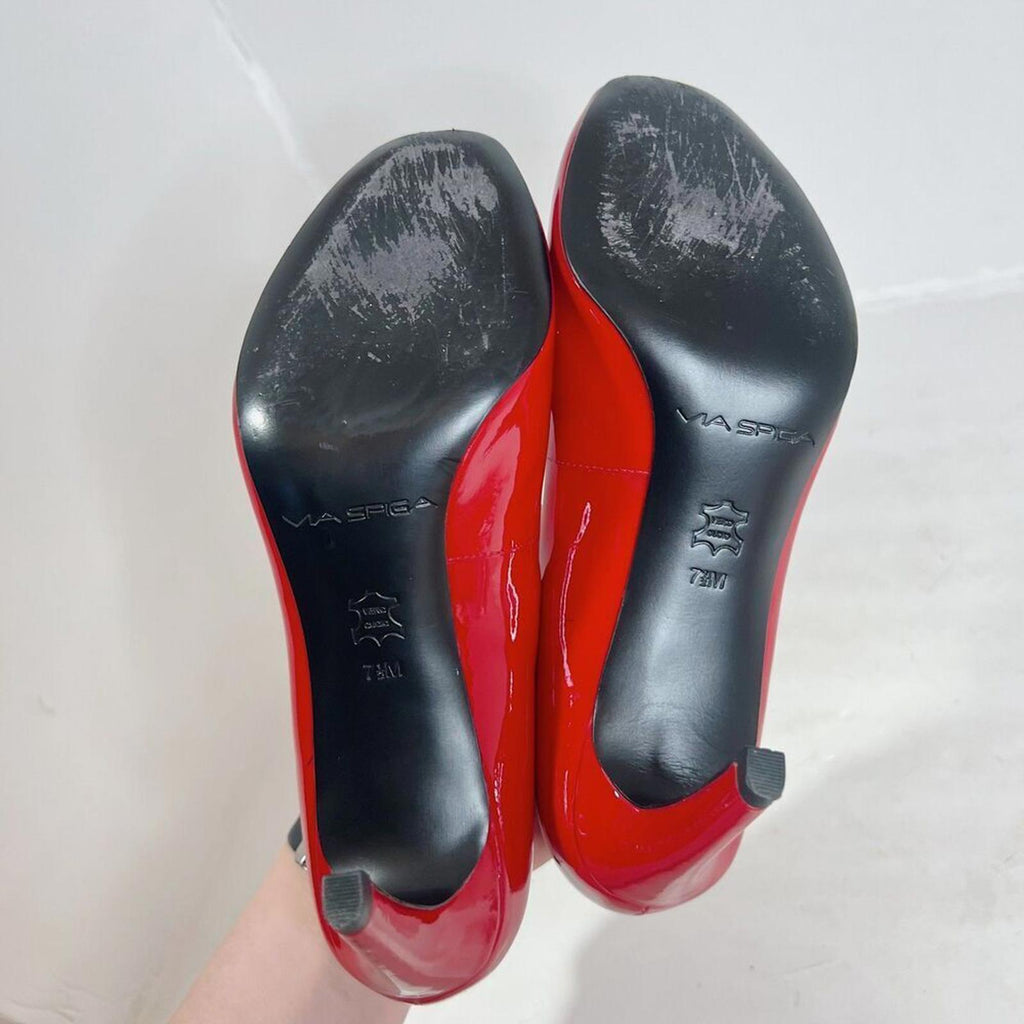 Via Spiga Red Patent Leather Peep Toe Stilettos Heels Pumps Women's Size 7.5