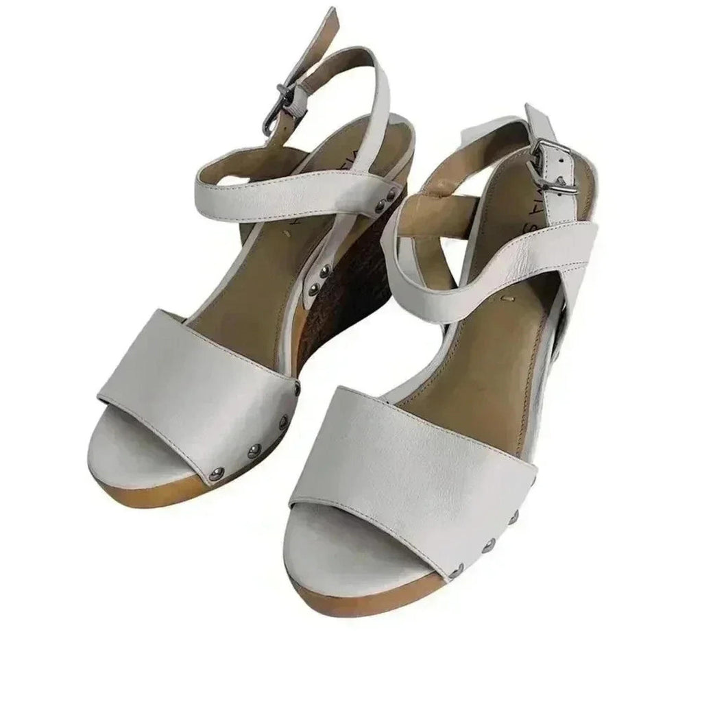 Via Spiga White Leather Wedges Woven Sandal Heels Women's Size 8