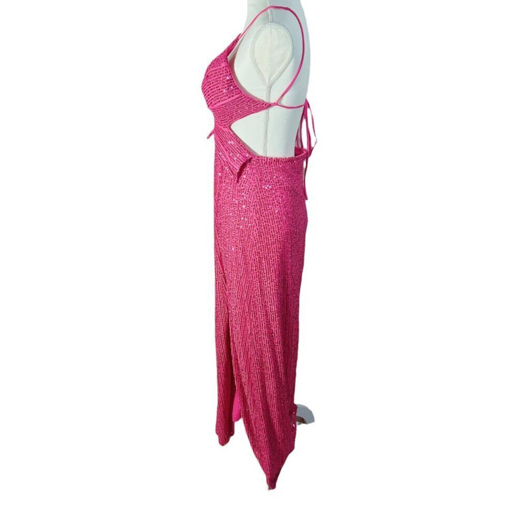 Love is For Eternity Hot Pink Sequined Butterfly Dress y2k Prom Formal Size L