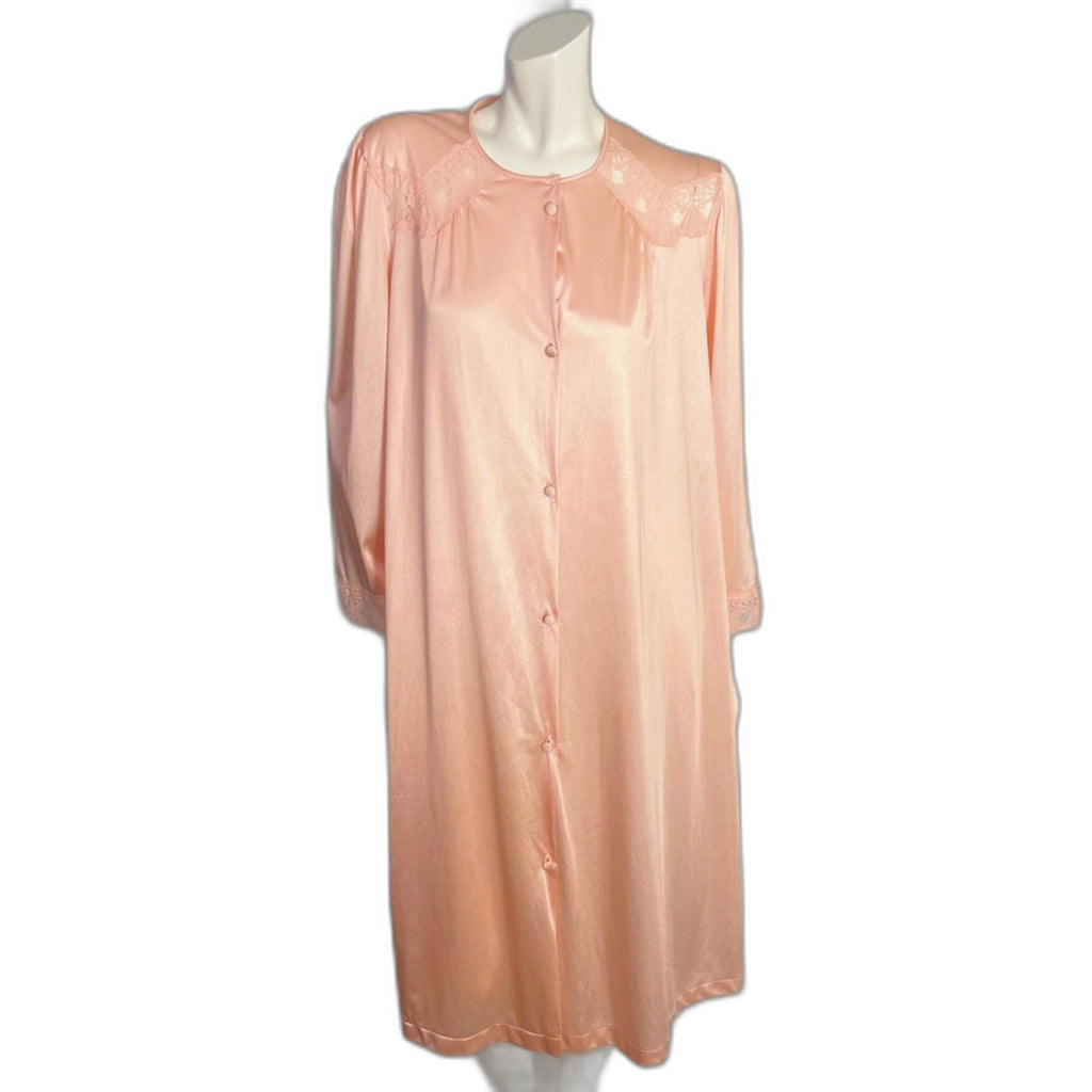 Vintage 1960s Vanity Fair Light Pink Button Up Night Gown Lace Coquette Size L