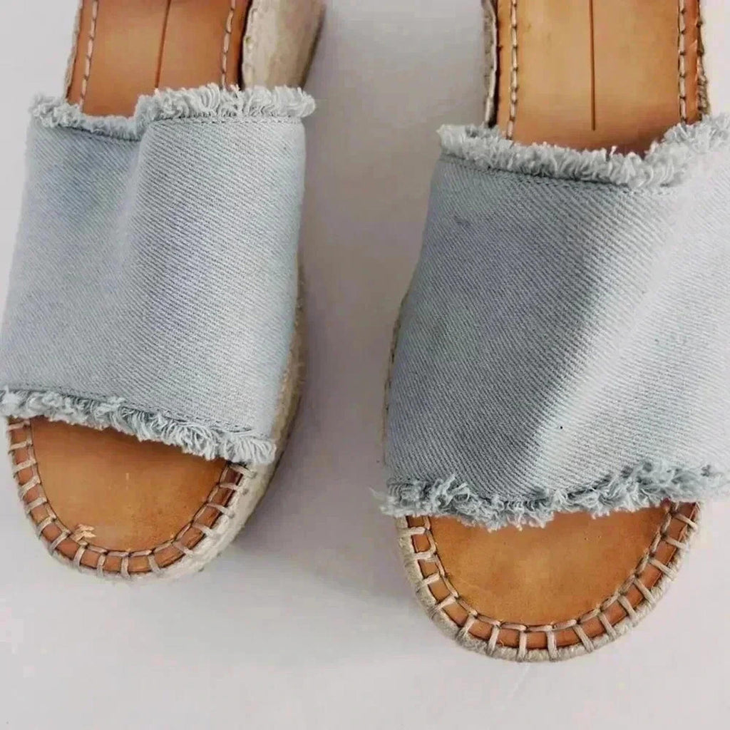 Dolce Vita Denim Platform Sandals Wedges Blue Cream Woven Women's Size 9.5