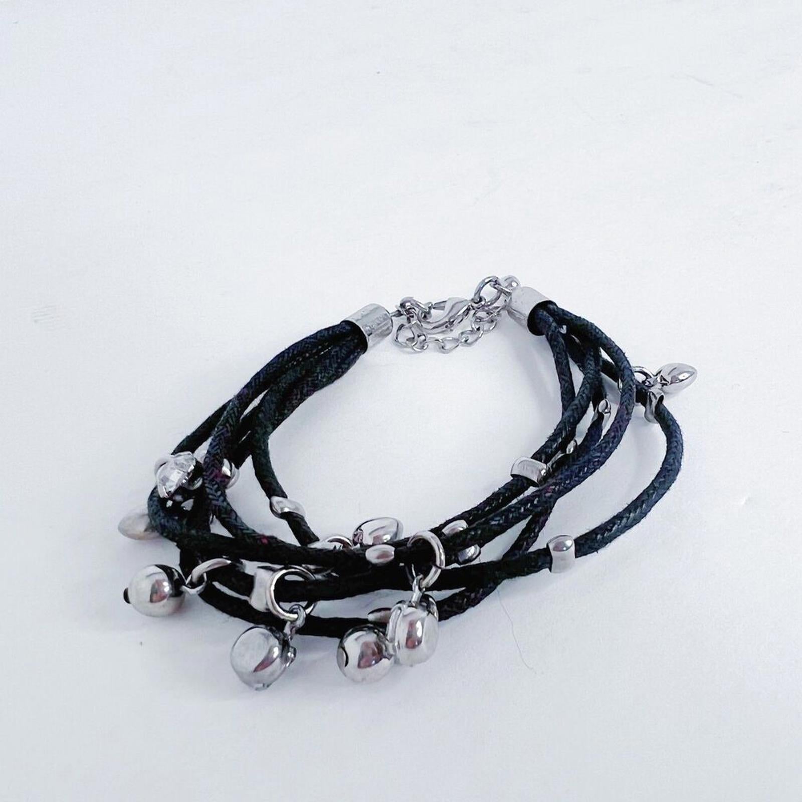 Black Multistrand Bracelet Silver Charms