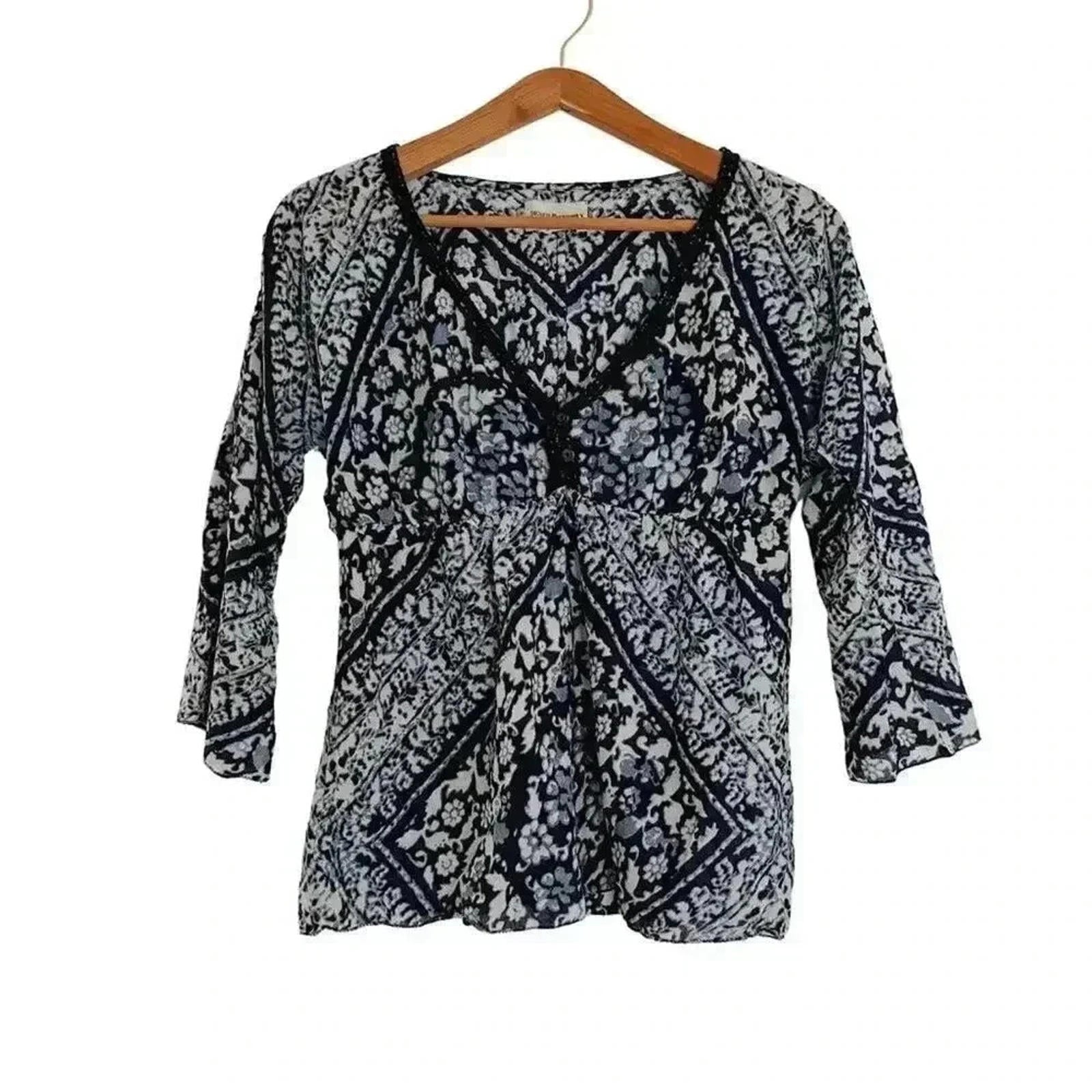 Ralph Lauren Denim & Supply Blue White V Neck Blouse Bohemian Western Size S