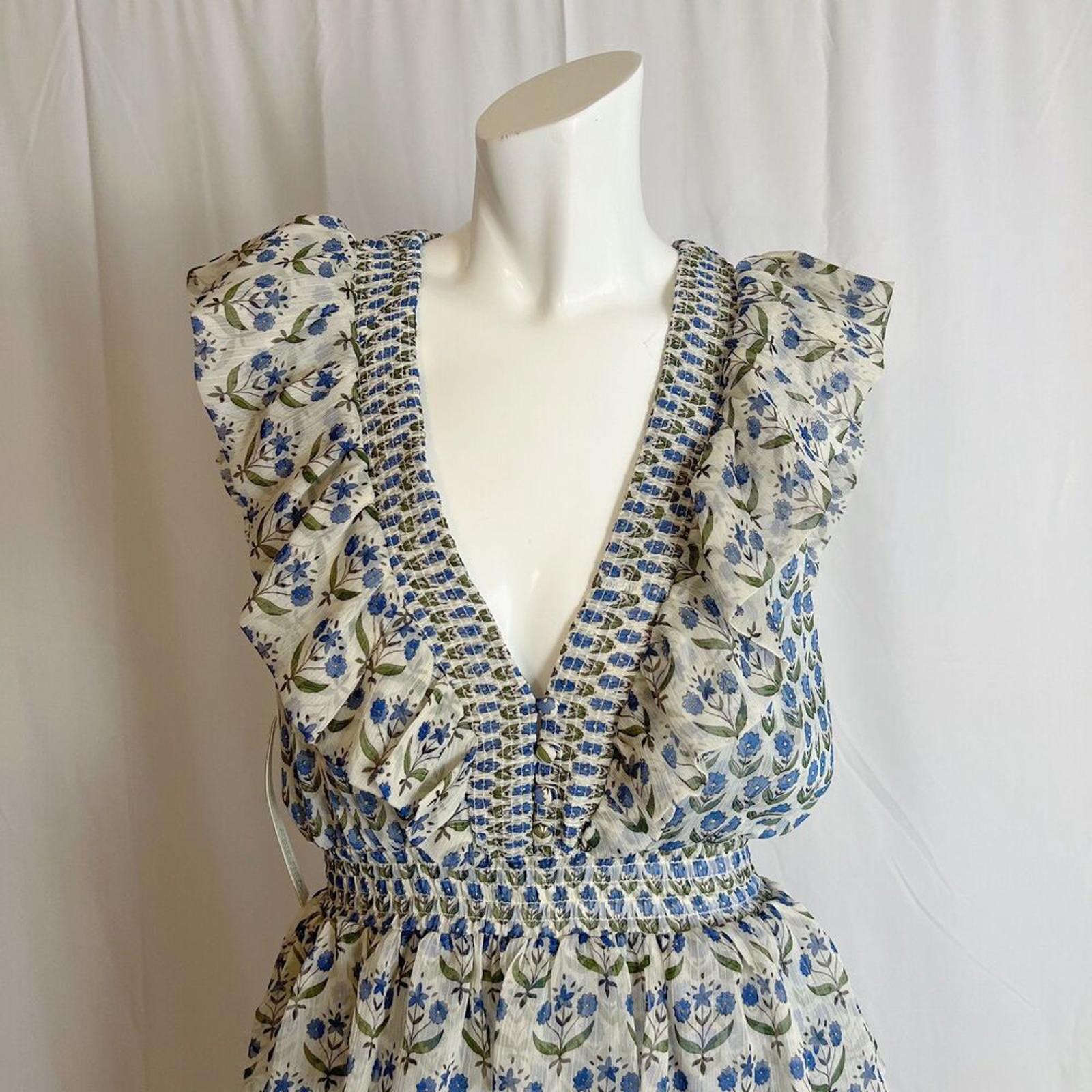 NWT Misa Los Angeles Ruffle Tiered Midi Dress Blue Floral Cottagecore Size S