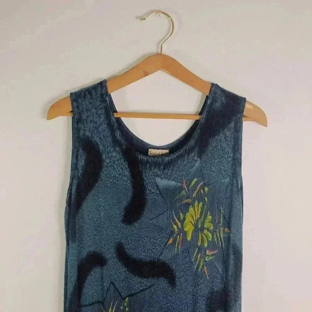 Vintage Tropical Batik Blue Green Midi Dress Beach Summer Vacation Cruise