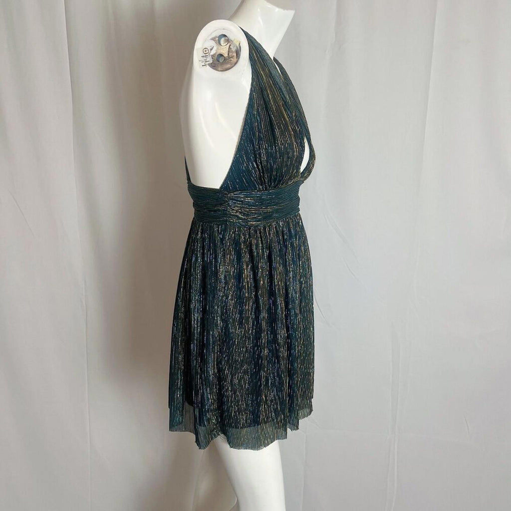 Lulus Ailey Gold and Teal Blue Metallic Skater Dress Women's Size M