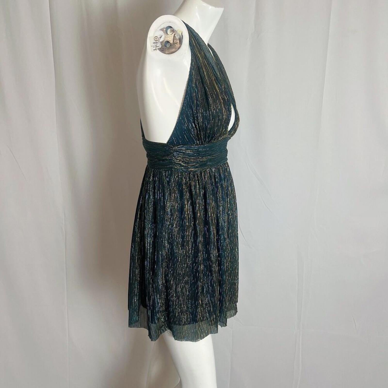 Lulus Ailey Gold and Teal Blue Metallic Skater Dress Women's Size M