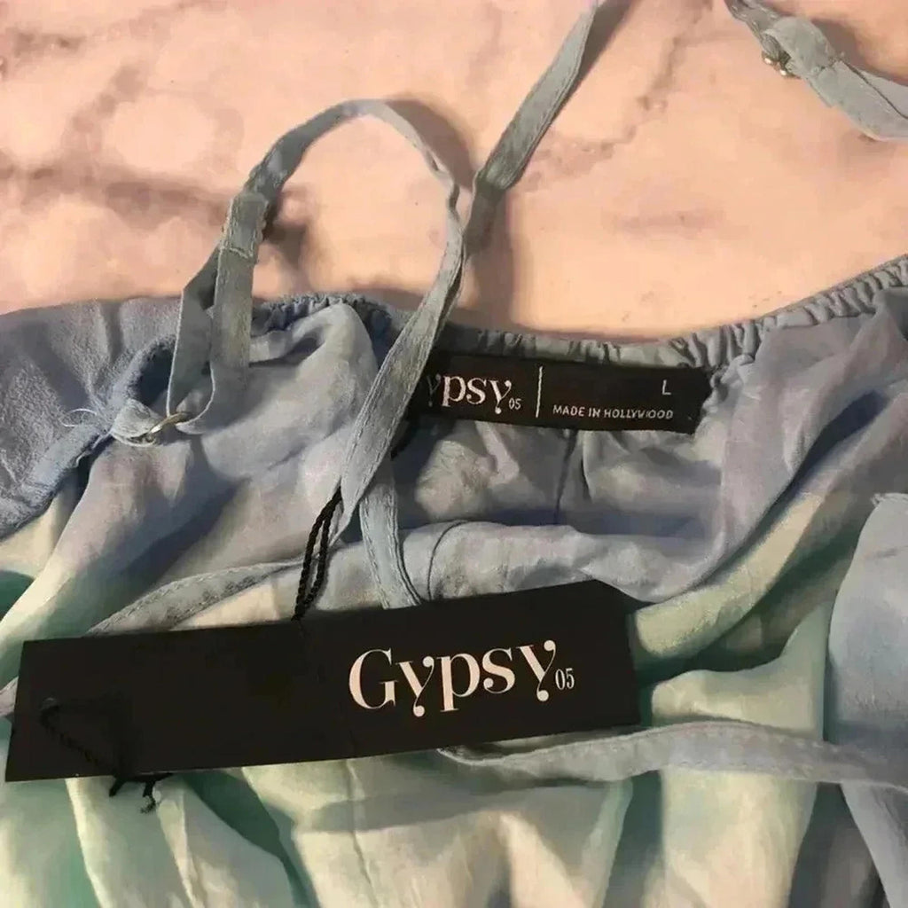 NWT Silk Gypsy Blue Striped Tie Dye Maxi Dress Women's Size L