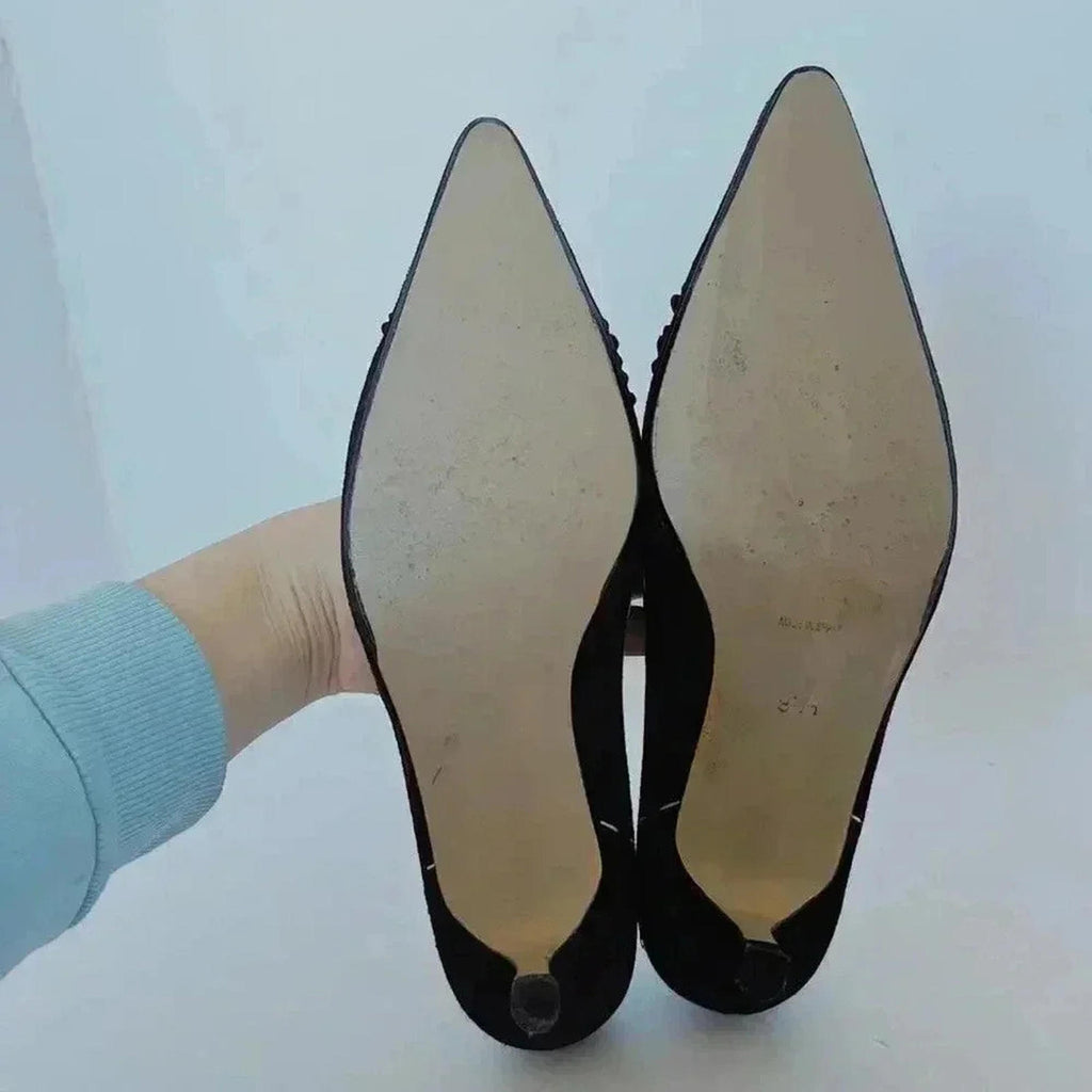 y2k Vintage Ramon Tenza Brown Suede Cream Pointed Toe Heels Flower Size 8.5