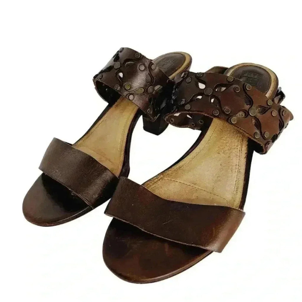 Frye Skye Sandals Brown Leather Chunky Heels Flower Cutouts Rivets Size 9