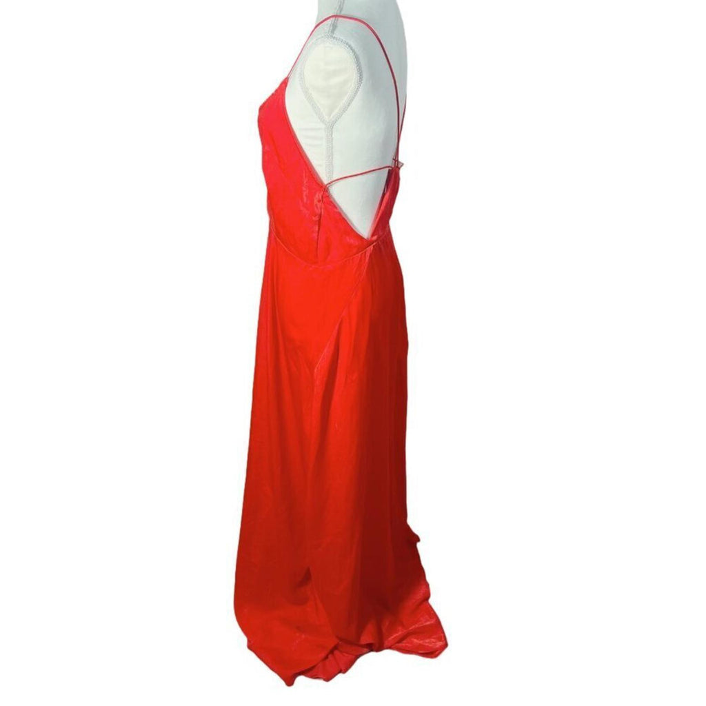 Pretty Little Thing PLT Red Satin V Neck Long Maxi Dress Backless Formal Size 10