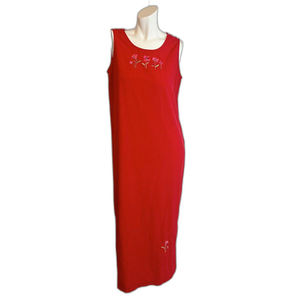 90s Vintage Teddi Red Column Maxi Dress Flower Embroidered Women's Size M