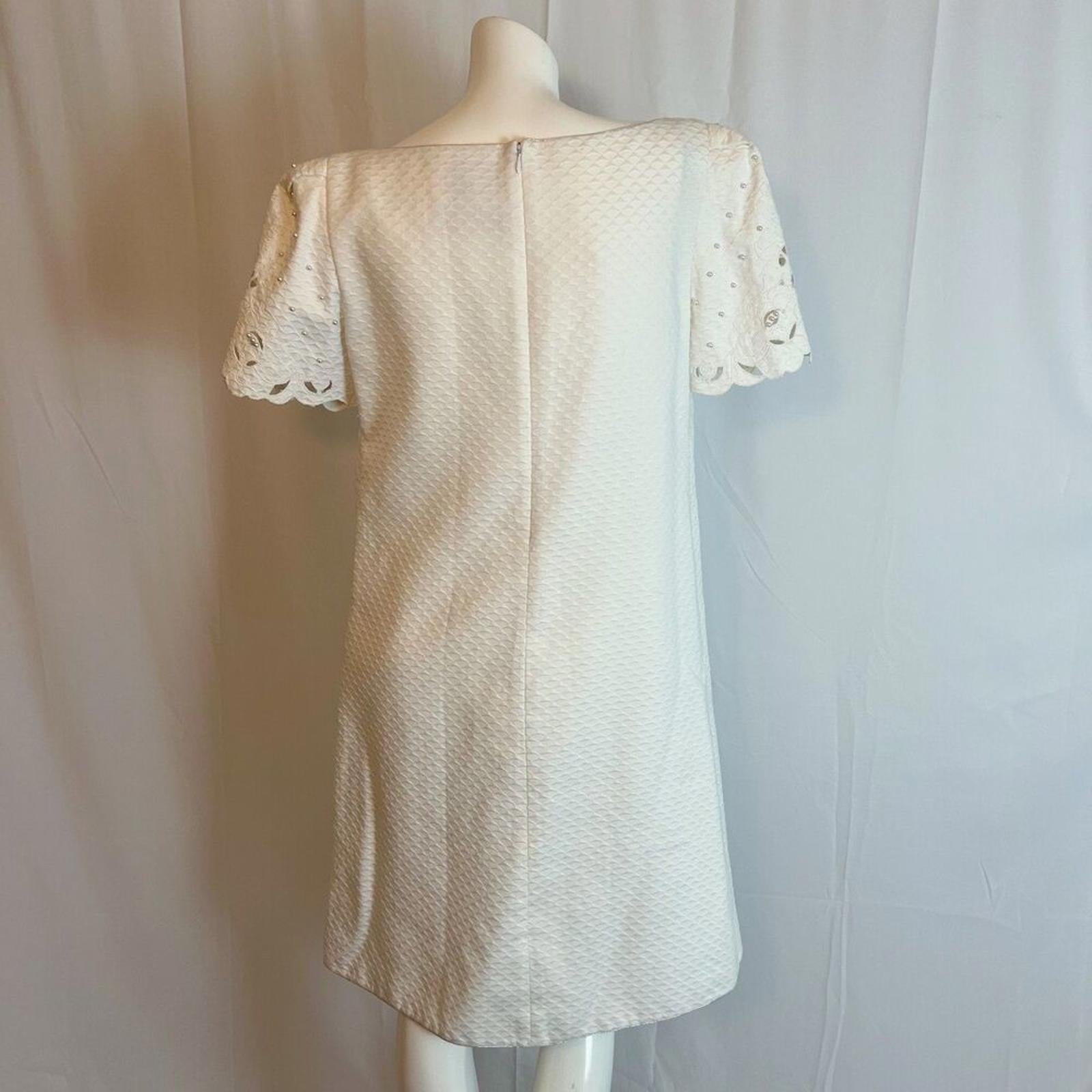 Vintage 1990s Mary McFadden Collection White Shift Dress Pearl Bridal Size 10