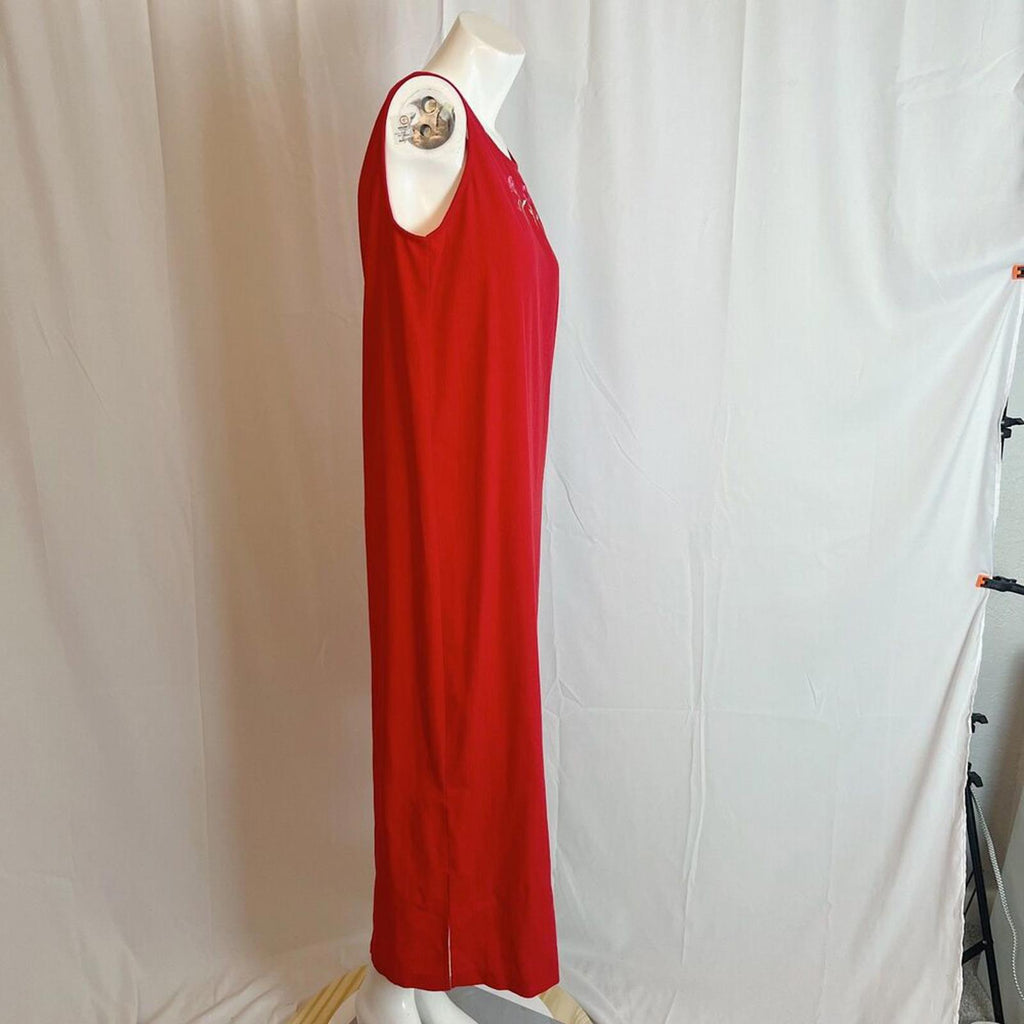 90s Vintage Teddi Red Column Maxi Dress Flower Embroidered Women's Size M