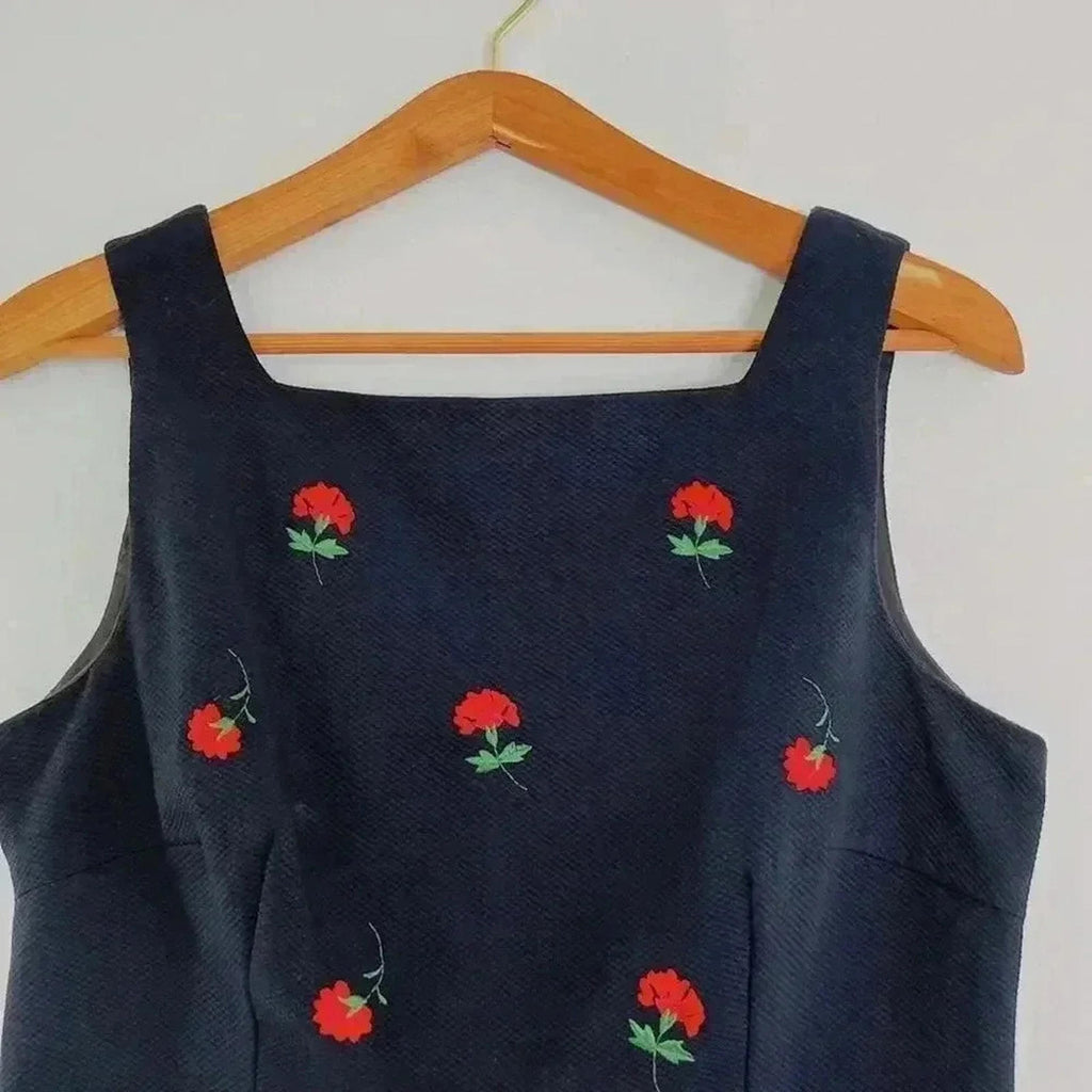 Vintage 90s Jessica Howard Black Red Embroidered Flowers Tank Women's Size 10