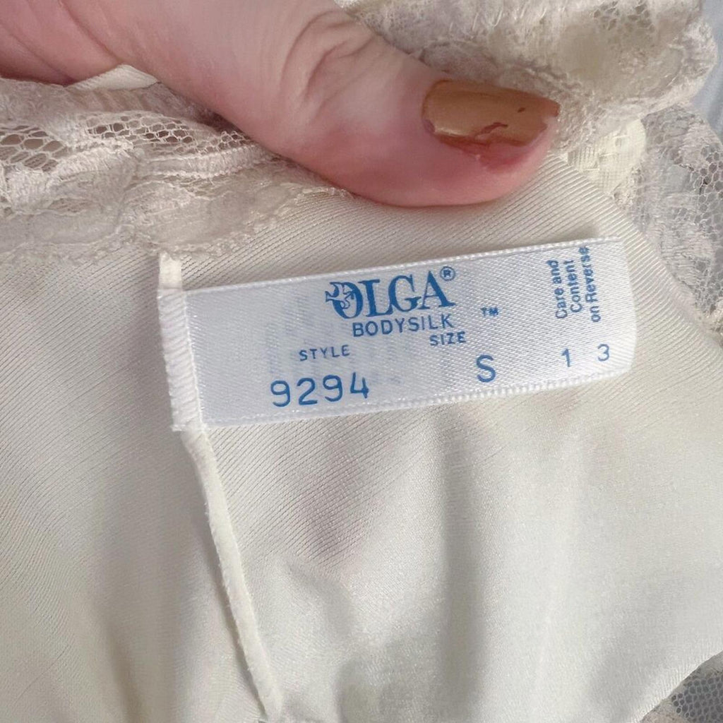 Olga Bodysilk 1970s Vintage Cream Lace Bodice Long Nightgown Neglige Slip Size S