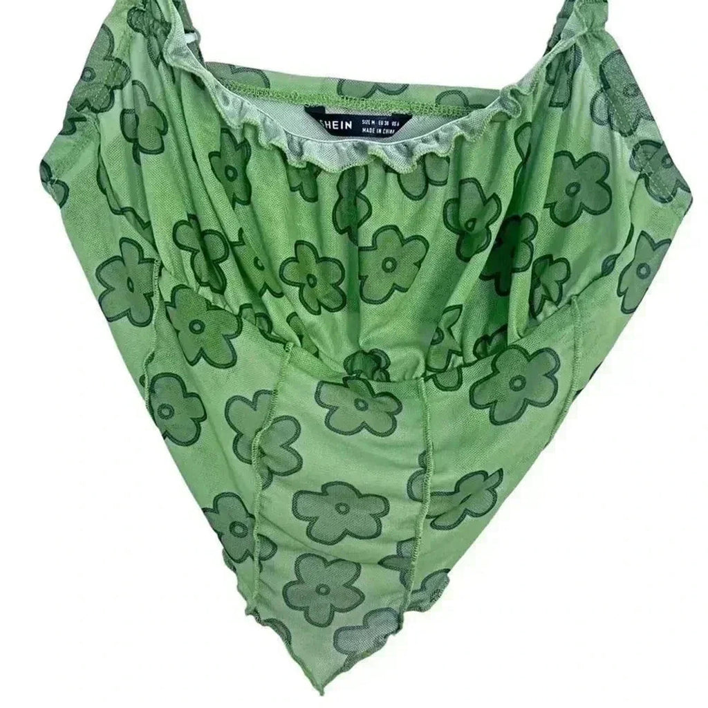 ❤️ 3/$15 Shein Green Floral Mesh Triangle Tank Top Rave Festival Womens' Size M