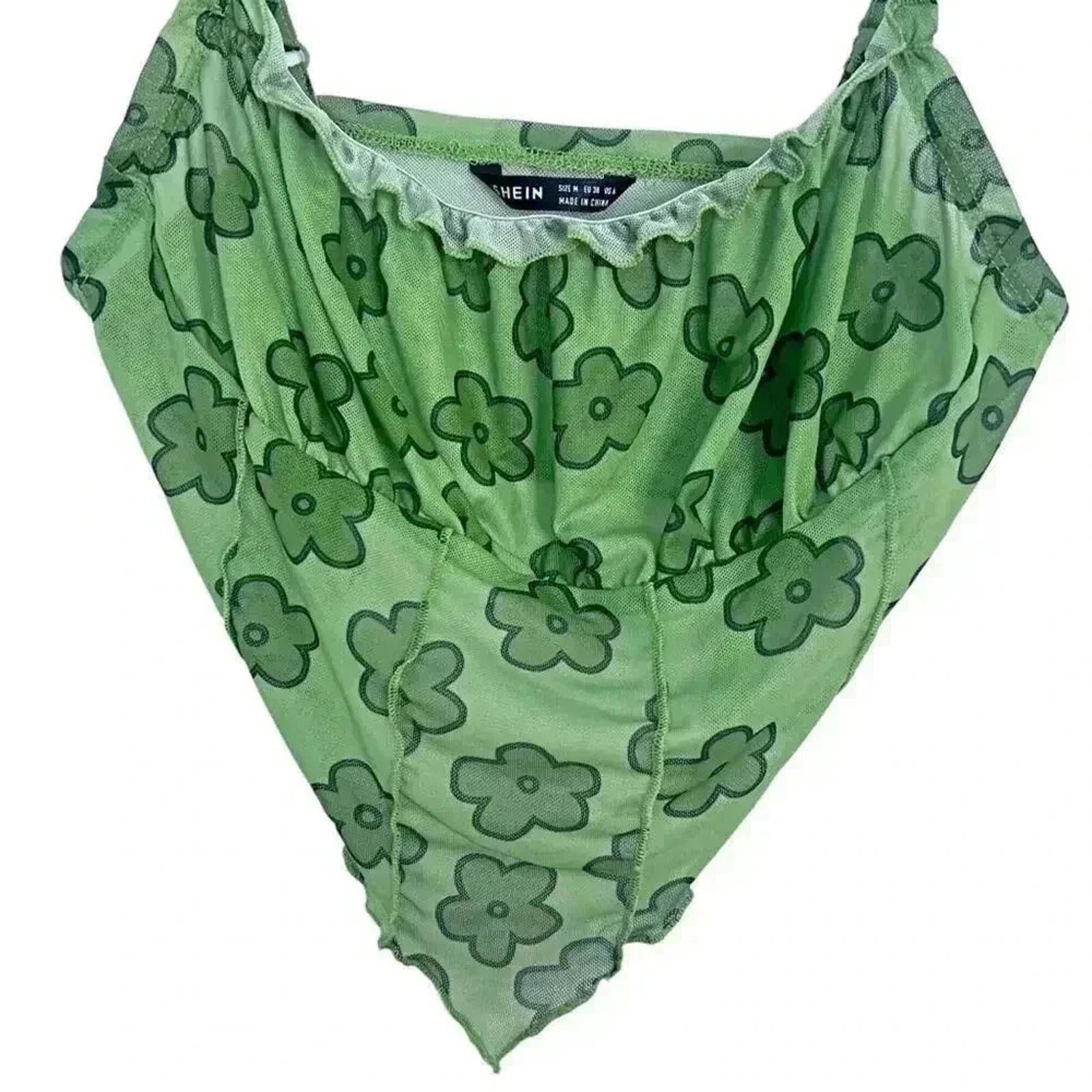 ❤️ 3/$15 Shein Green Floral Mesh Triangle Tank Top Rave Festival Womens' Size M