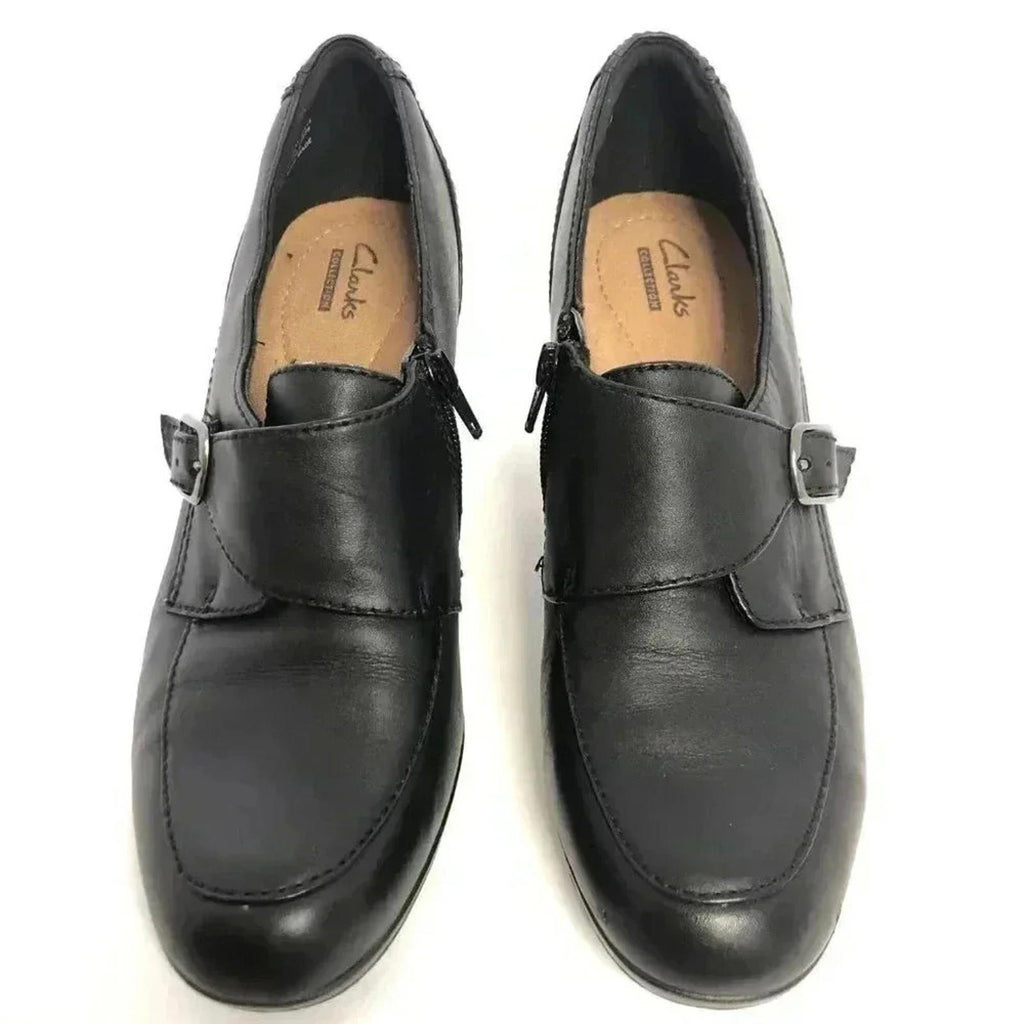 Clarks Black Leather Heeled Mule With Buckle Women's Size 10 Heels