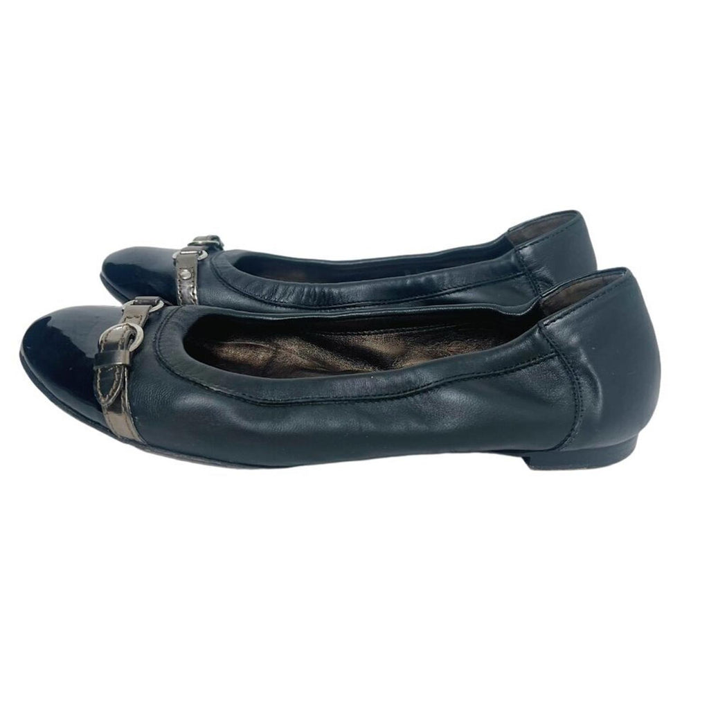 AGL Monika Cap Toe Ballet Flat Black Leather Bronze Buckle Women's Size 9.5
