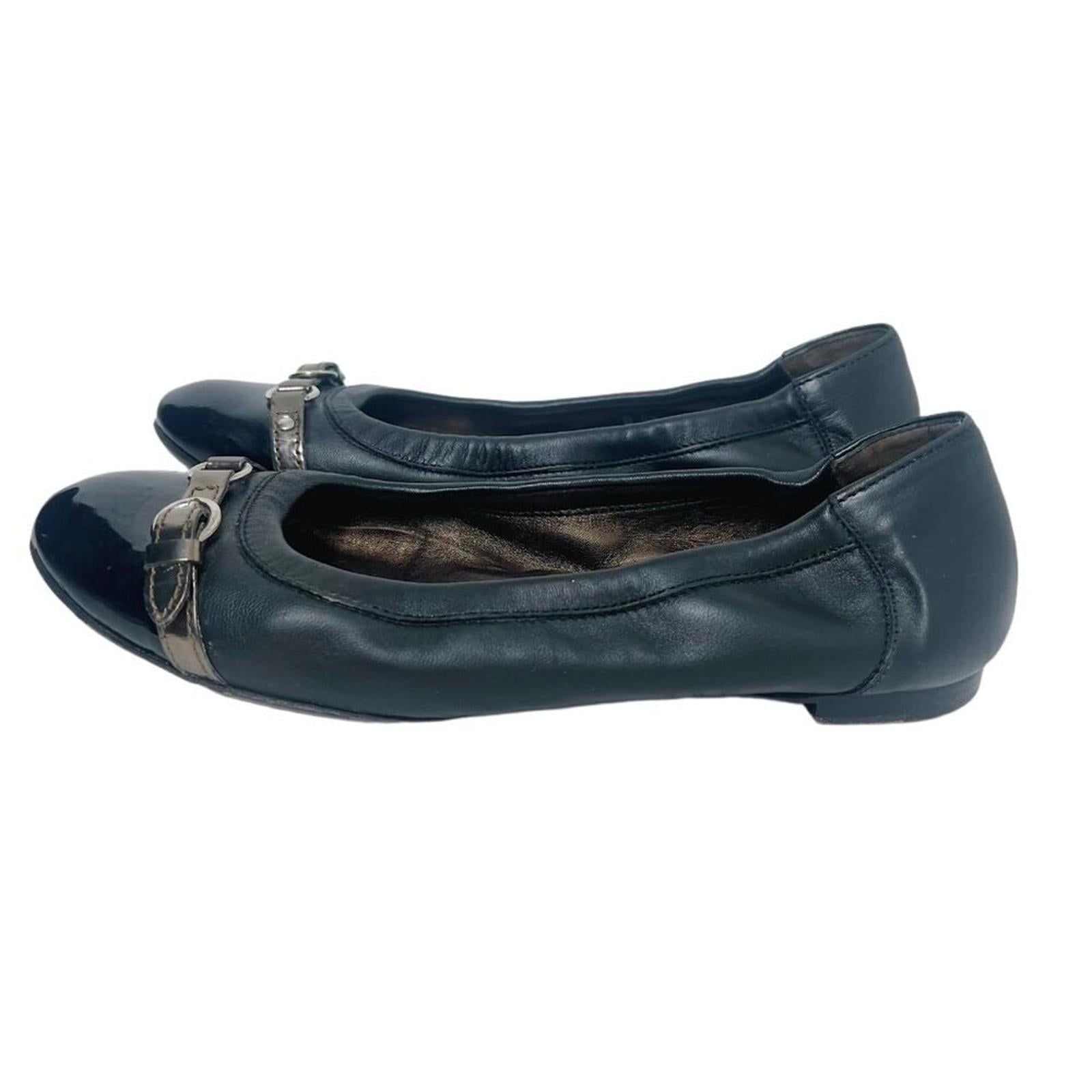 AGL Monika Cap Toe Ballet Flat Black Leather Bronze Buckle Women's Size 9.5