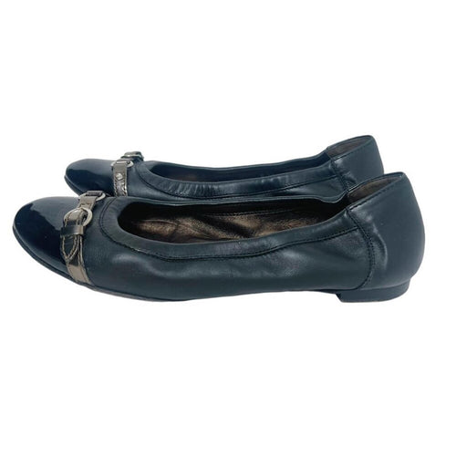AGL Monika Cap Toe Ballet Flat Black Leather Bronze Buckle Women's Size 9.5