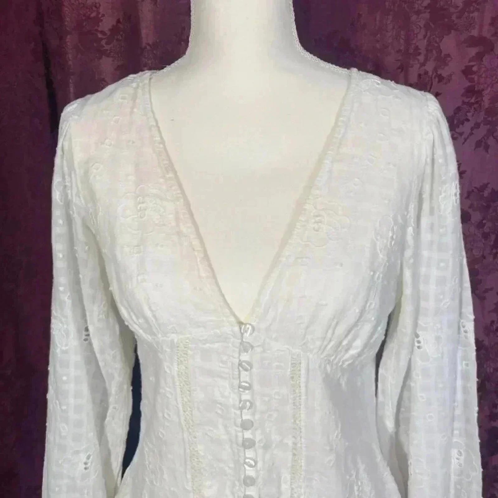 Zara White Eyelet Dress Button Up Embroidered Women's Size M