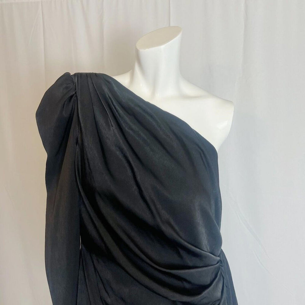 NWT Aidan Mattox Black One Shoulder Puff Sleeve Satin Dress Size 10