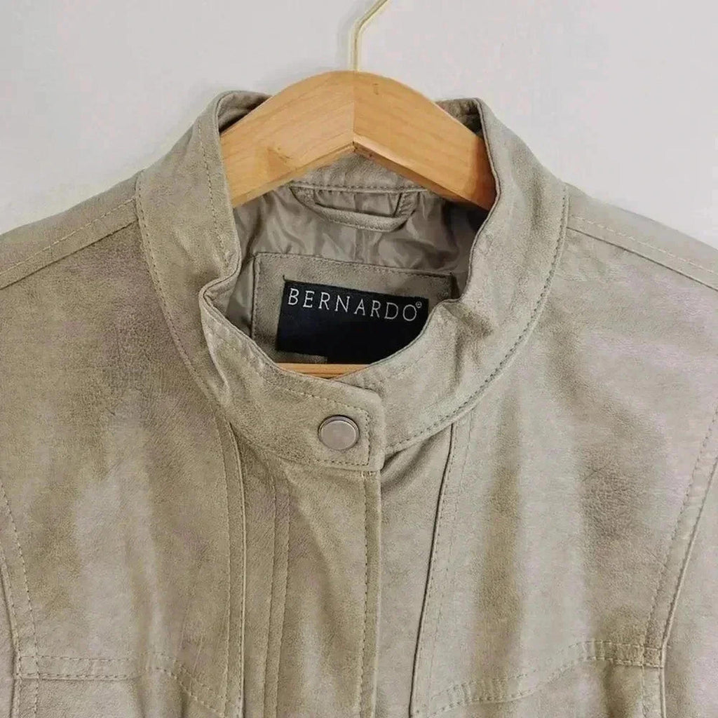 Bernardo Cool Toned Taupe Tan Faux Leather Moto Jacket Women's Size XL