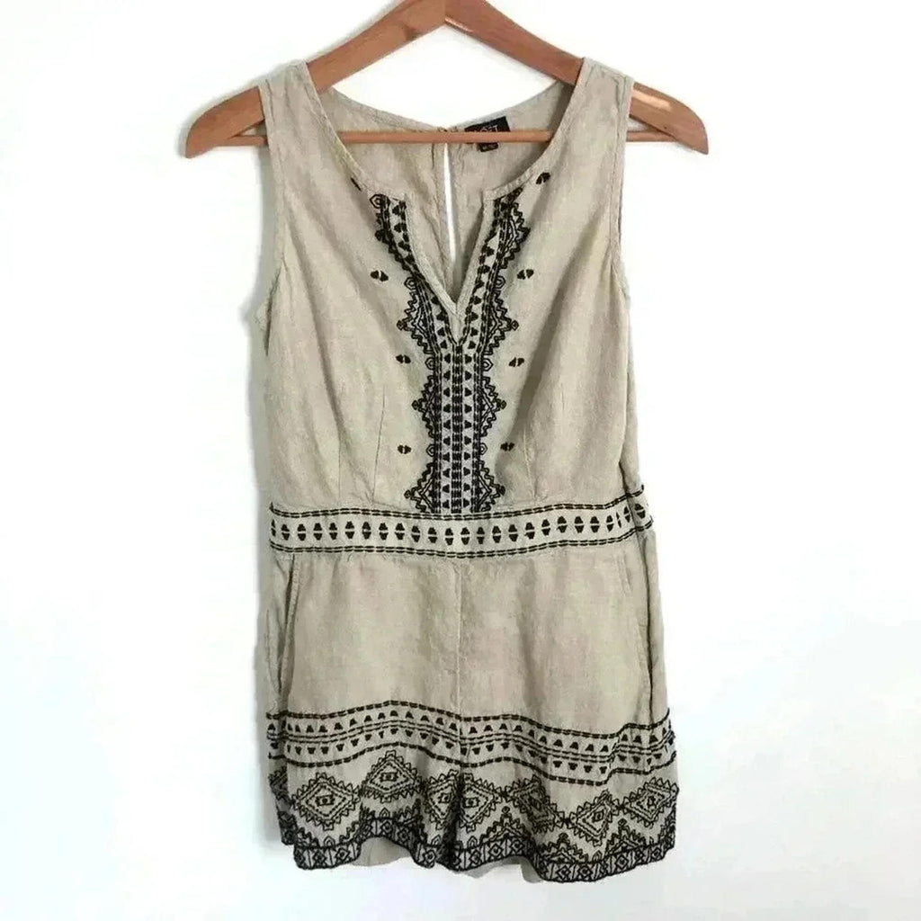 Ann Taylor LOFT Linen Oatmeal Black Embroidered Petite Romper Women's Size 4 P