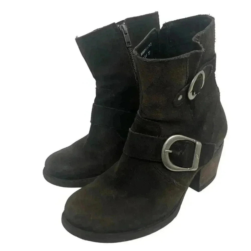 Born Dark Brown Suede Buckled Distressed Booties Women's Size 6.5
