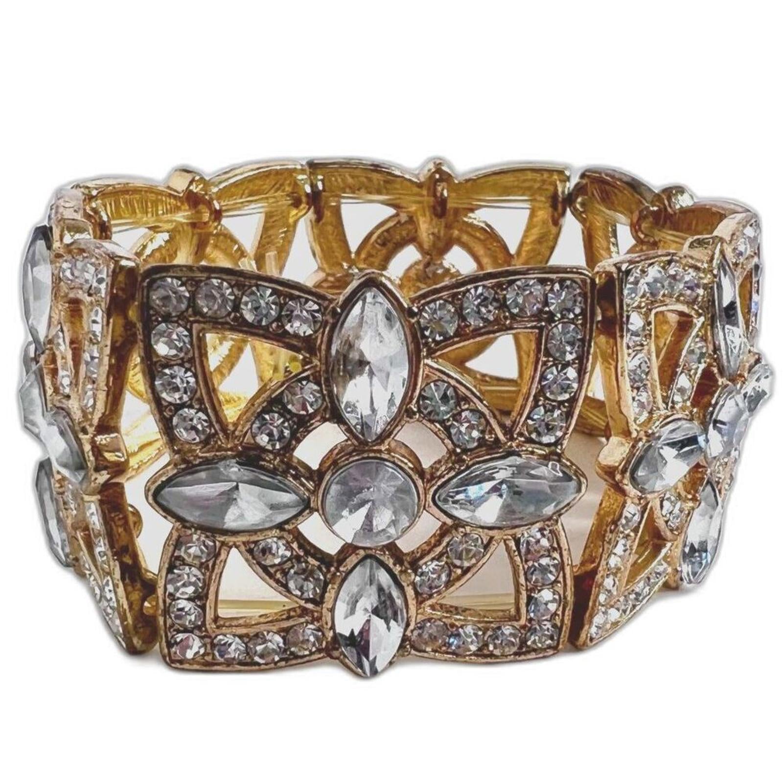 Vintage Gold Rhinestone Flower Bracelet Elastic Chunky Statement