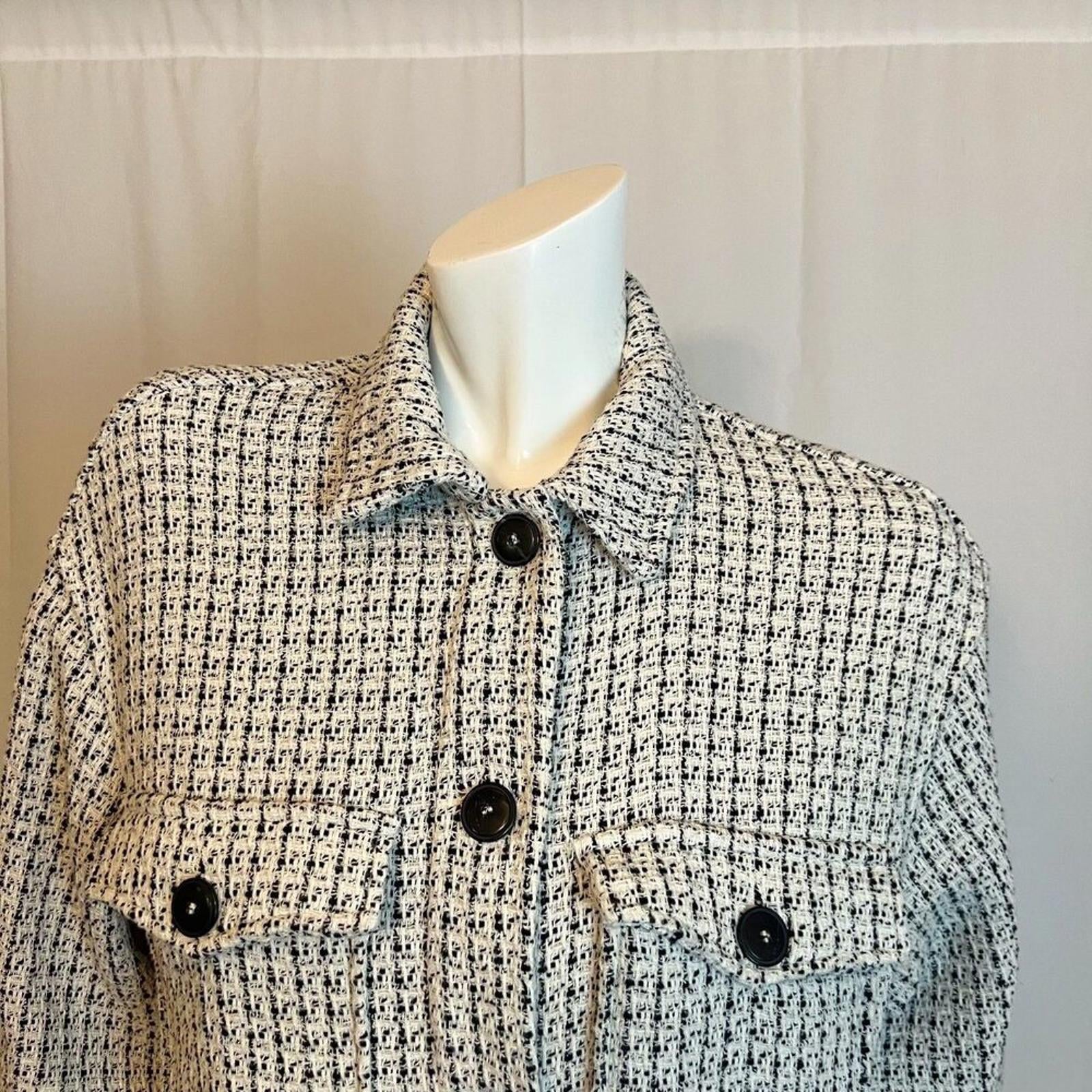 Zara Black White Tweed Overshirt Button Up Jacket Chanel Inspired Size S