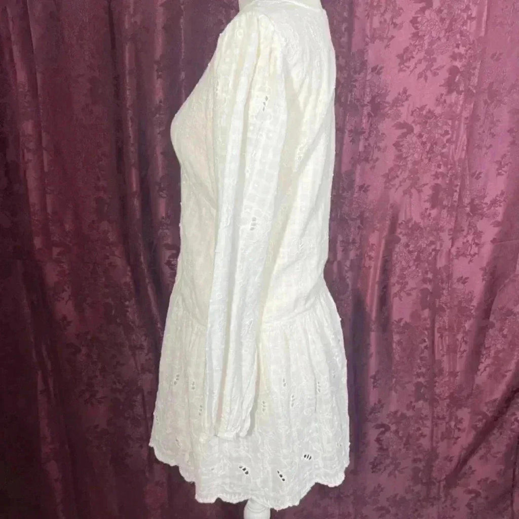 Zara White Eyelet Dress Button Up Embroidered Women's Size M