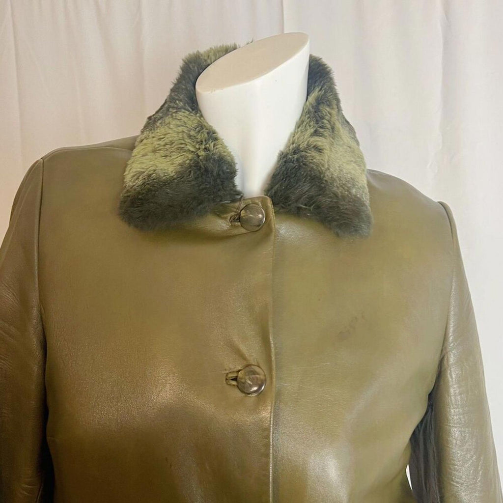 She's Miss Korean Green Leather Button Up Jacket Fur Collar Size S