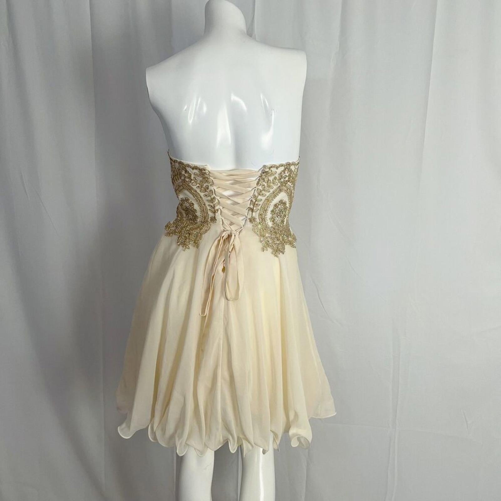 Metallic Gold Corset Cream Chiffon Strapless Formal Dress Prom Homecoming Size 4
