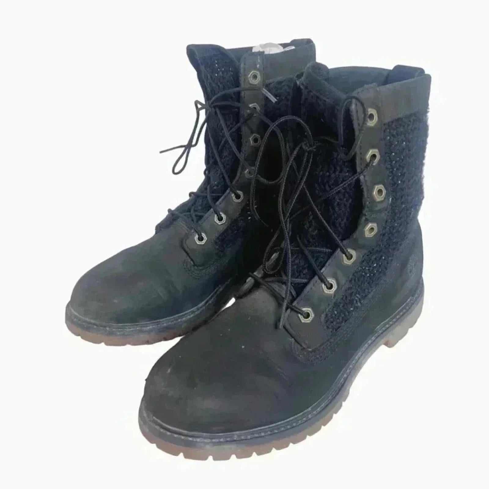 Timberland Black Leather Nuback Crochet Combat Boots Work Boots Size 9