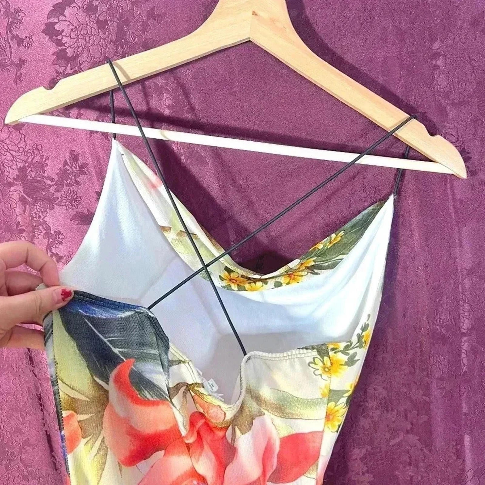 y2k Vintage A'Gaci Tropical Floral Cowl Neck Bodycon Dress Mesh Size S