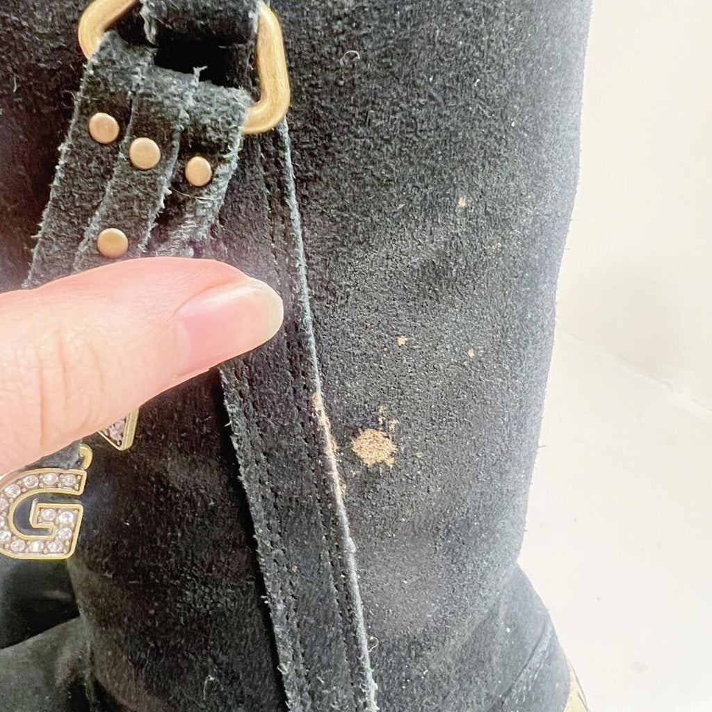 UGG Australia Larynn Black Shearling Boots Gold Rhinestone Charms Kids Size 4