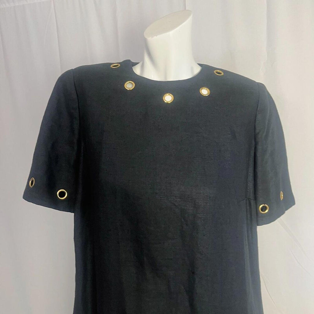 1980s Vintage Stanley Platos Martin Ross Black Shift Dress Grommets Size 12