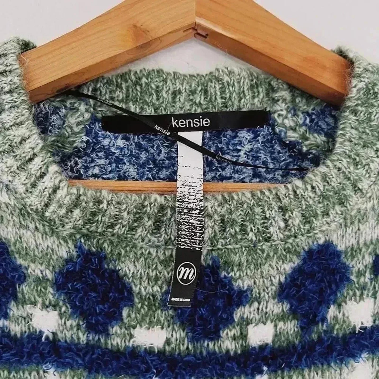 Kensie Green Sweater With Blue White Geometric Print Tassels Knit Size M