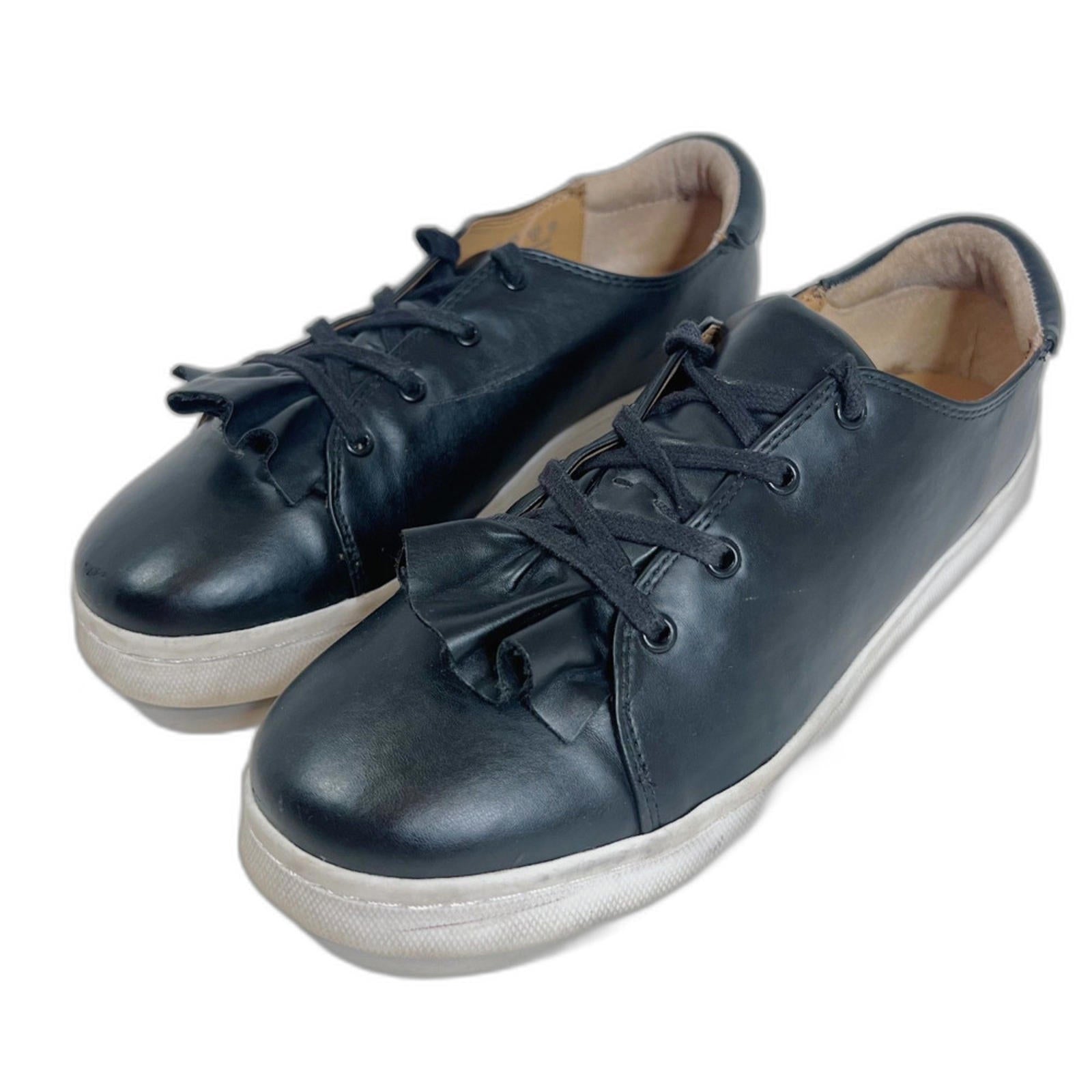 Franco Sarto Stephanie Black Leather Lace Up Sneakers Casual Flats Size 10