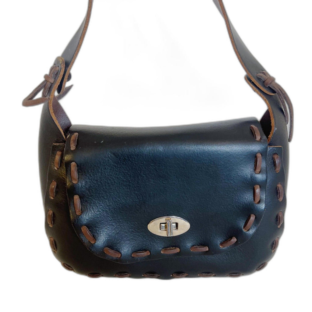 Handmade Vintage Black Leather Western Stitched Shoulder Bag
