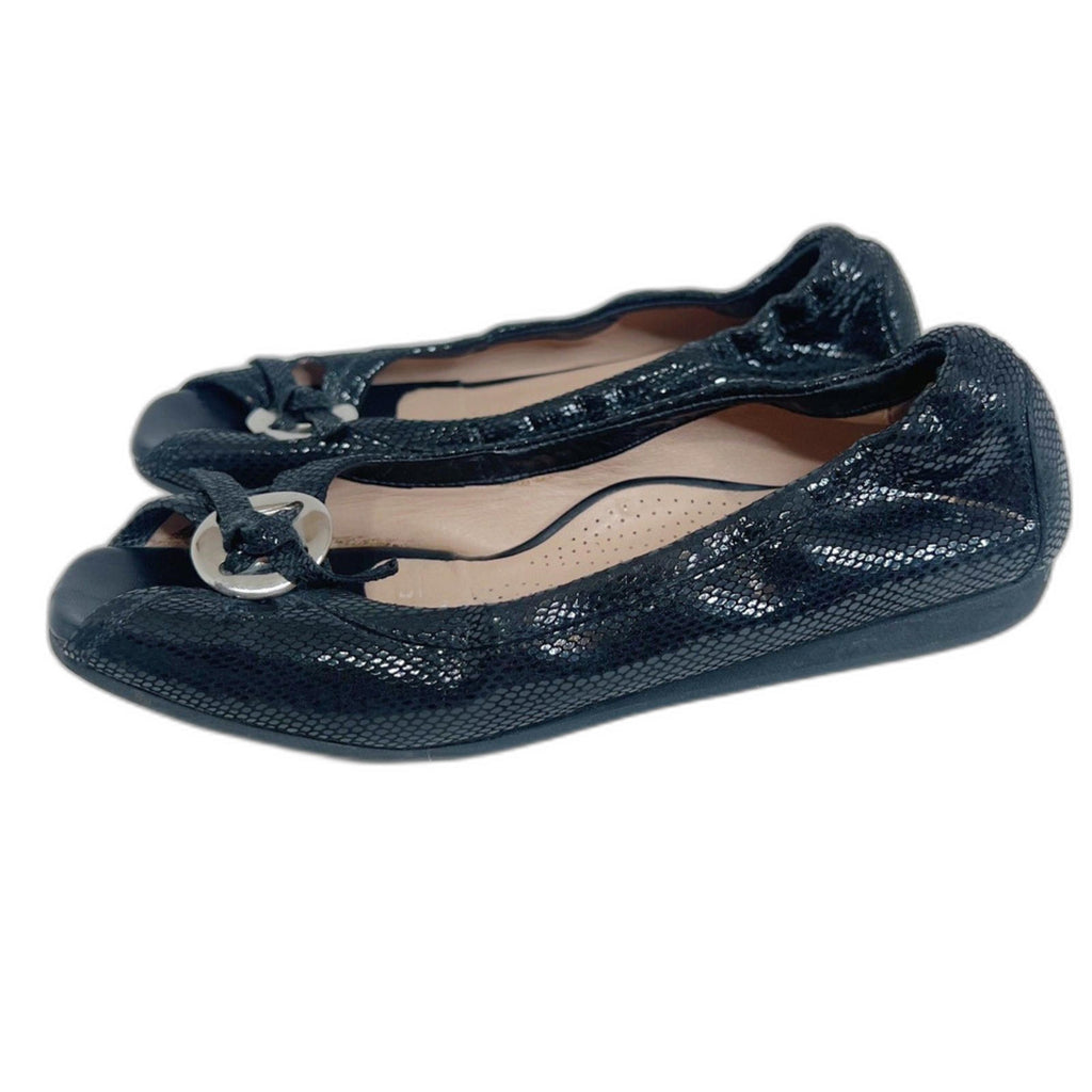 Anyi Lu Harmony Peep Toe Ballet Flat Black Snakeskin Leather Size 36.5 EU 6.5 US