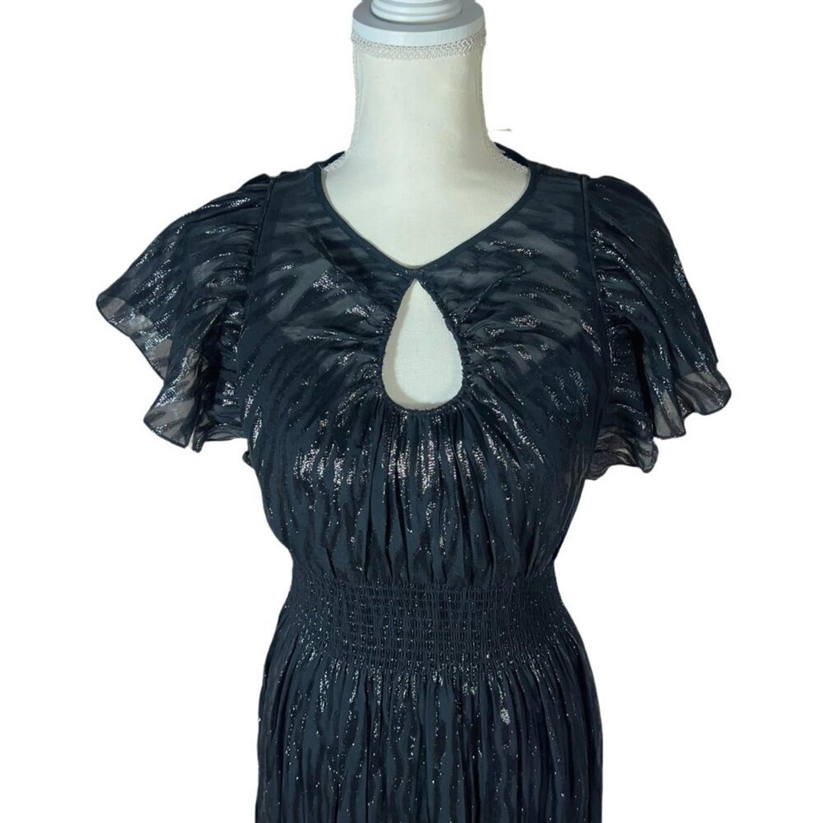 NWT Rebecca Taylor Silk Short Sleeve Safari Dress Black and Metallic Size 2