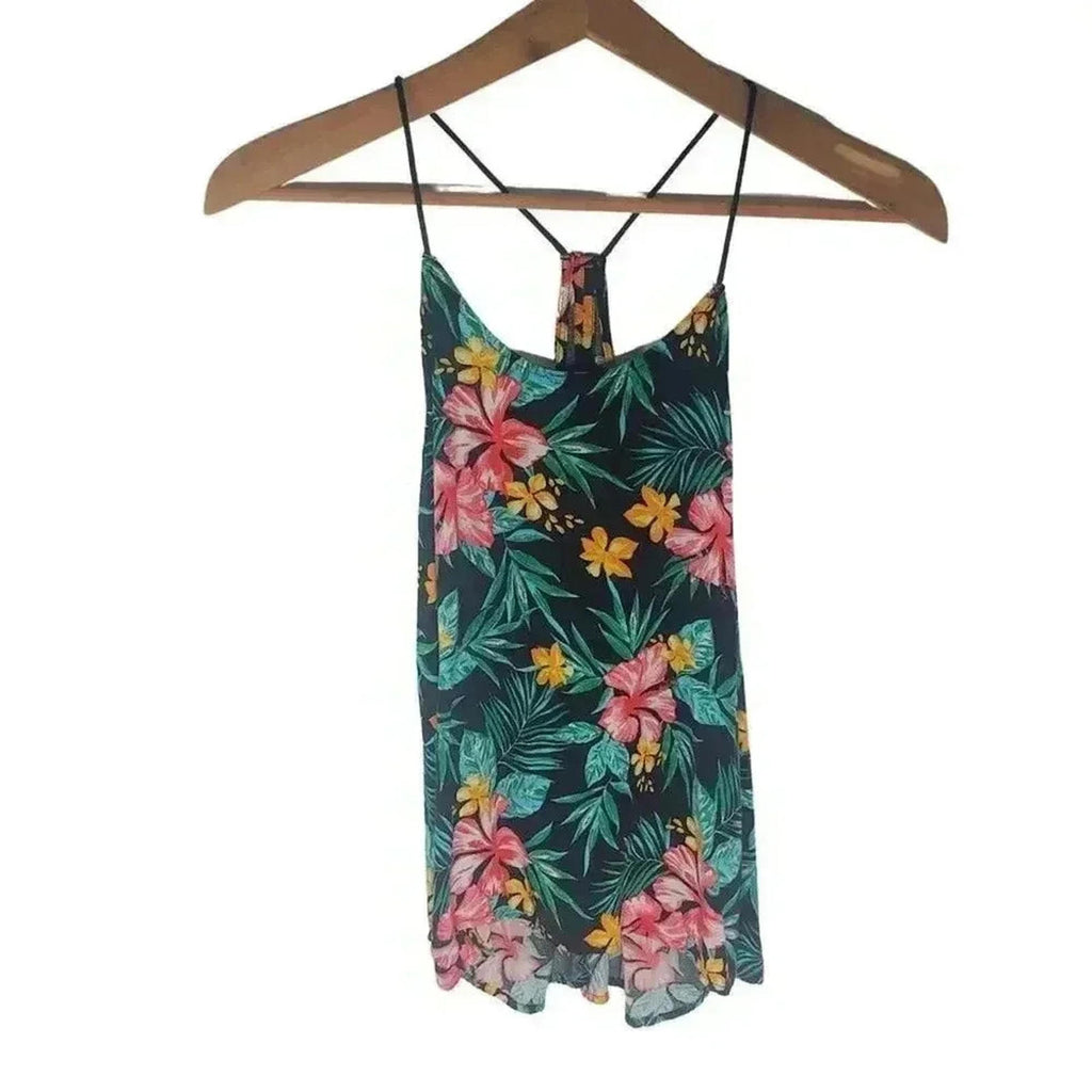 ❤️ 3/$15 No Boundaries Tropical Black Orange Green Flowy Tank Top Floral Size M