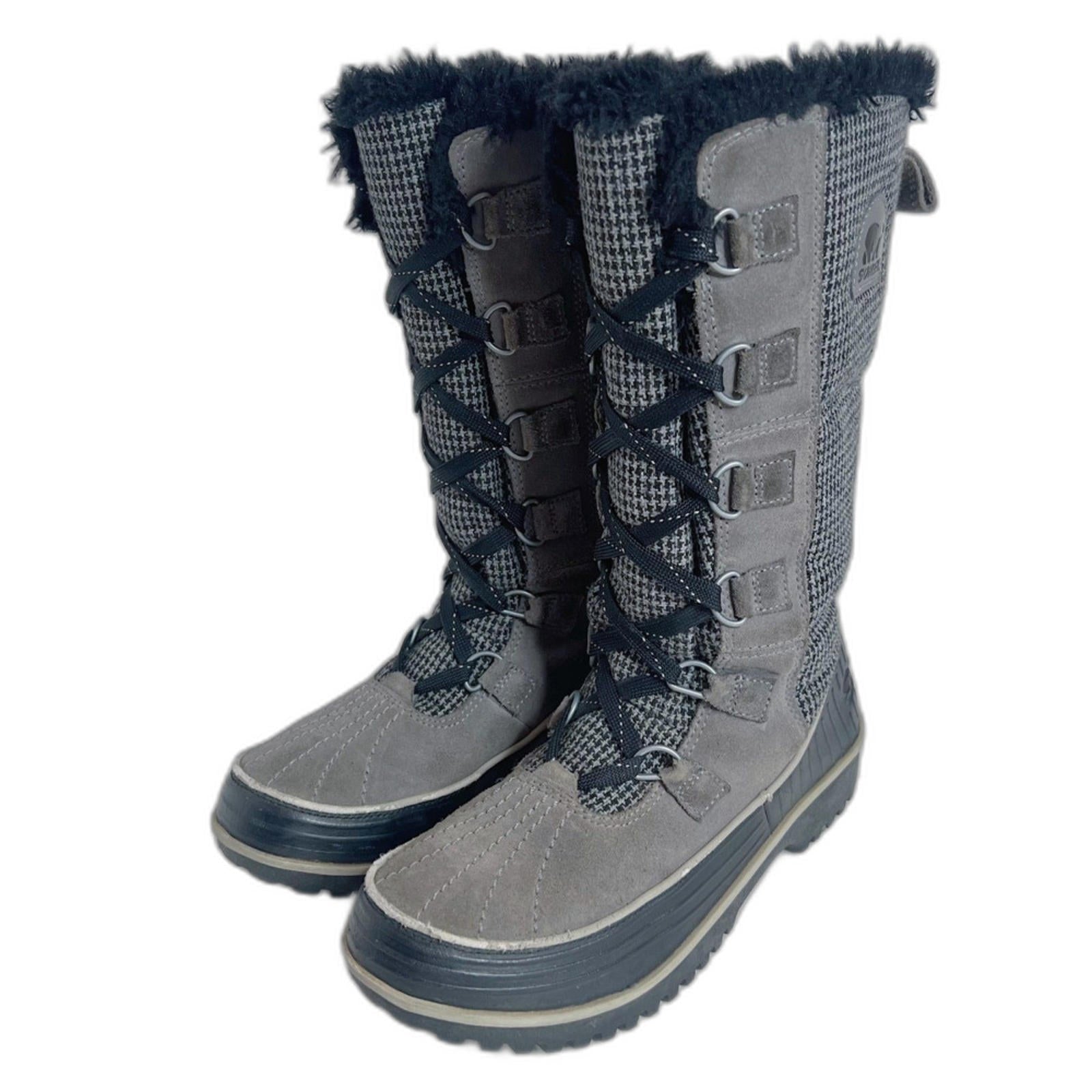 Sorel Joan of Arctic Winter Boots Grey and Black Houndstooth Fur Lined Size 7.5
