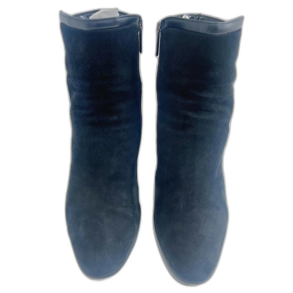 Aquatalia Italian Black Suede Heeled Booties Leather Piping Ankle Boots Size 9