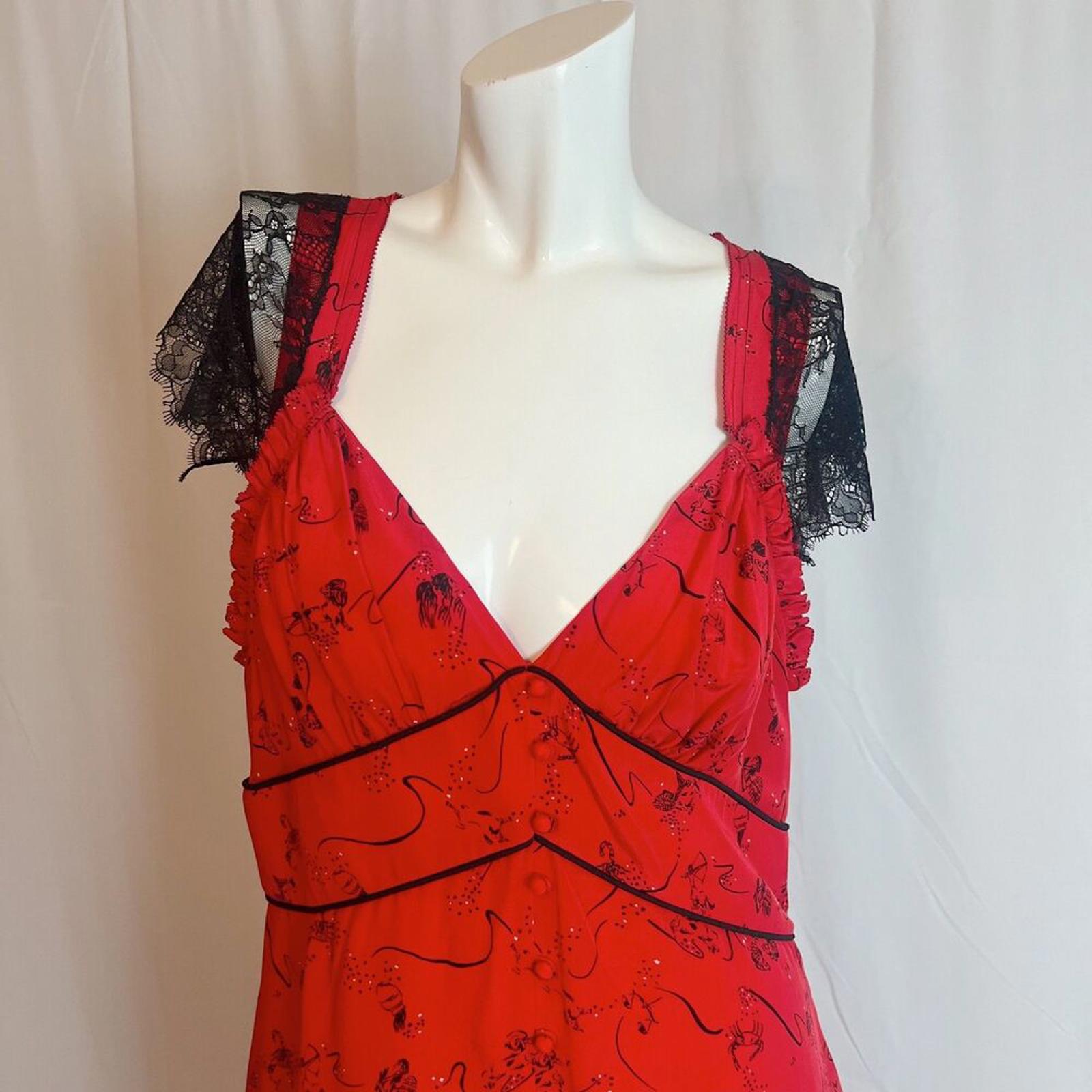 Tanya Taylor Silk Zodiac Print Kara Midi Dress Red Black Lace Cap Sleeves Size 8